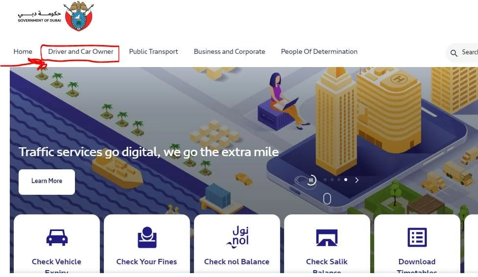 How to Download Dubai Police Fine Receipt Click on the “Service” option and then select the “Driver & Car Owner” option.